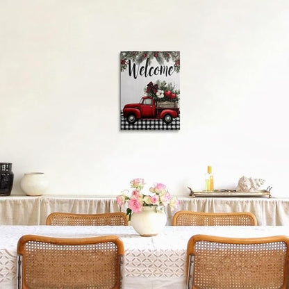 Farmhouse Christmas Welcome Canvas Wall Art Framed Rustic Red Truck Wall Decor with Holly Pine Branches Vintage Holiday Artwork Print Poster for Living Room Front Door 16x24 Inches