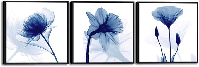 Wieco Art Framed Wall Art Blue Abstract Flowers 3 Panels Canvas Prints Home Art Modern Artwork Wall Pictures for Living Room Bedroom and Home Decorations Black Frame