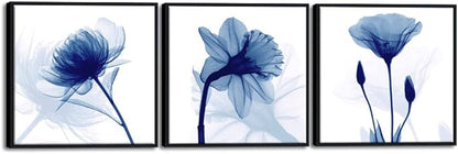 Wieco Art Framed Wall Art Blue Abstract Flowers 3 Panels Canvas Prints Home Art Modern Artwork Wall Pictures for Living Room Bedroom and Home Decorations Black Frame