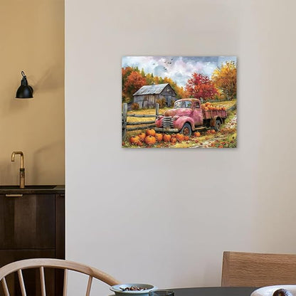 LB Fall Pumpkin Truck Wall Art Vintage Red Truck with Autumn Pumpkins in Farm Canvas Wall Art Farmhouse Harvest Wall Art Decor for Living Room Bedroom Bathroom Office Framed Ready to Hang 16L x 20W