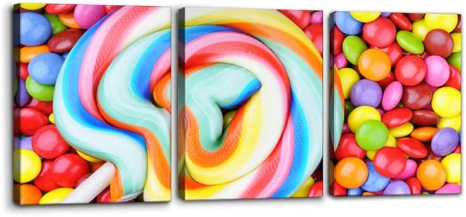 Pacimo 3 Pieces Canvas Print Wall Art Set Variety of Rainbow Candy Food Dessert Pictures Painting Prints on Canvas Modern Artwork Framed Wall Decor for Living Room Bedroom Office - 12"x16"x3