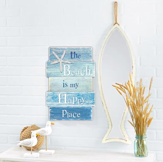 Coastal Wall Decor for Home, Beach Wall Art Wooden Hanging Sign with Starfish Element, Perfect Beach Themed Room Decor and Ocean Decor for Bathroom Bedroom Coastal Living Spaces 11.5" x 17"