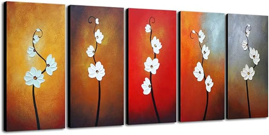Wieco Art Colorful Flowers Oil Painting on Canvas Wall Art Ready to Hang for Living Room Bedroom Home Decoration Modern 5 Piece 100% Hand Painted Gallery Wrapped Contemporary Abstract Floral