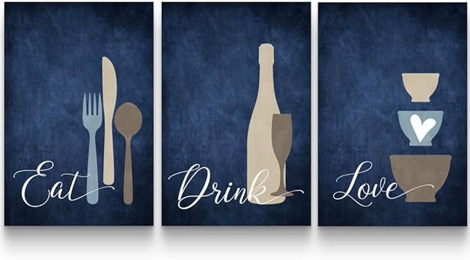 GUBIYU Premium Navy Blue Wall Art Set of 3, Large Dining Room Kitchen Signs - Eat Drink Love Wall Art for Home, Living Room, Bar or Cafe - 16"x24" Each