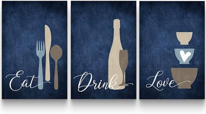 GUBIYU Premium Navy Blue Wall Art Set of 3, Large Dining Room Kitchen Signs - Eat Drink Love Wall Art for Home, Living Room, Bar or Cafe - 16"x24" Each