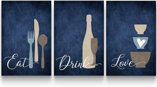 GUBIYU Kitchen Wall Art Set of 3, Navy Blue Wall Art, Rustic Farmhouse Decor, Eat Drink Love Sign, 24"x36"