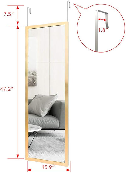 whitebeach 48" x 16" Over The Door Full Length Mirror Hanging Door Mirror Wall Mirror Hanging Dress Bedroom Gold