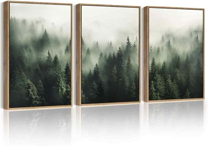 PHOPAGO Green Fog Pine Tree Framed Wall Art Nature Misty Nordic Forests Artwork Morden Paints for Kitchen Hallway Decor - 11x14in Natural Framed