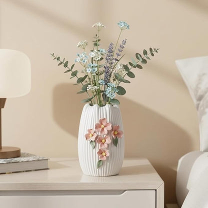 Small White Vase - 7 Inch Ceramic Modern Vase for Pampas Grass, 3D Sculpted Minimalist Flower Vases Home Decor, Living Room, Office Desk, Table, Centerpiece Decor