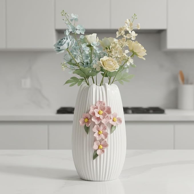 Ceramic Flower Vase - 9 Inch White Modern Vase for Pampas Grass, 3D Floral Vase for Living Room, Kitchen, Easter Table, Dining Room, Table Decor