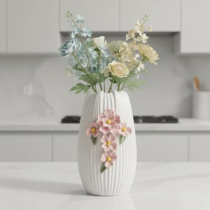 Ceramic Flower Vase - 9 Inch White Modern Vase for Pampas Grass, 3D Floral Vase for Living Room, Kitchen, Easter Table, Dining Room, Table Decor