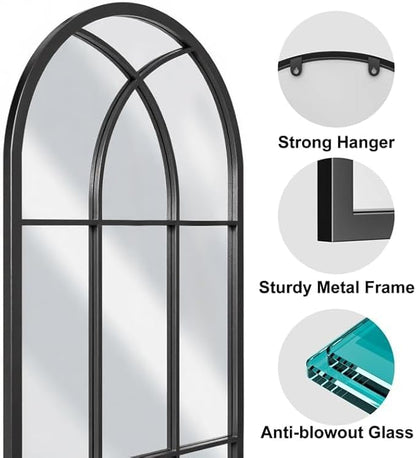 Rowjut Black Arched Wall Mirror 56“ x 22”,Wall Decorative & Window Mirror with Iron Framed Window Pane Inspiration, Ideal for Foyer, Living Room, Bedroom & Fireplace to Create a Cozy Home!