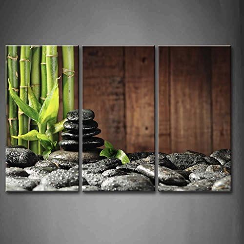 3 Panel Zen Wall Art Bamboo Canvas Green Spa Wooden Background Painting Pictures Print On Canvas Botanical Picture for Modern Decoration Ready To Hang