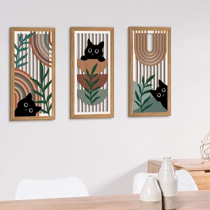 IARTTOP Black Cat Wall Art 3 Pcs Boho Mid Century Modern Wood Wall Decor Abstract Geometric Bohemian Cat Hanging Decor for Farmhouse Bedroom Living Room 7.9 x 15.8 Inch