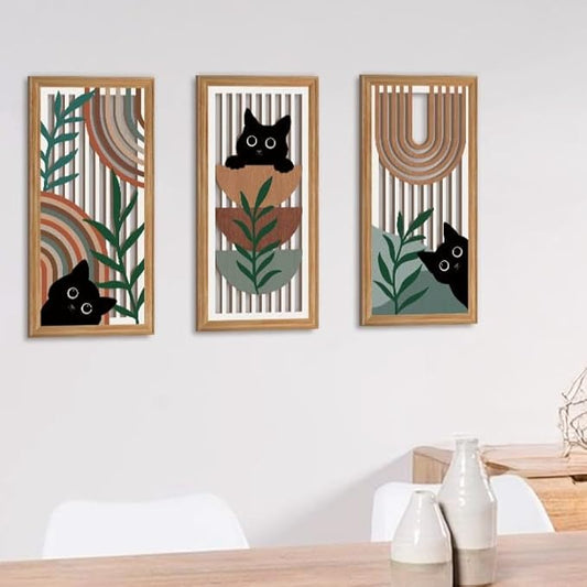 IARTTOP Black Cat Wall Art 3 Pcs Boho Mid Century Modern Wood Wall Decor Abstract Geometric Bohemian Cat Hanging Decor for Farmhouse Bedroom Living Room 7.9 x 15.8 Inch