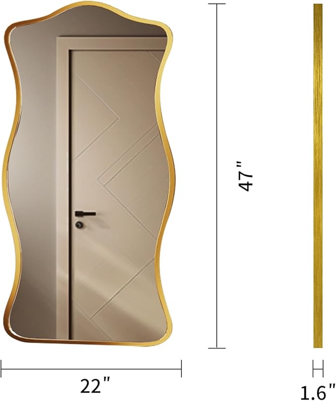 Irregular Wavy Wall Mirror,47"x22"Asymmetrical Wall Mirror,Aluminum Alloy Frame Large Abstract Modern Unique Shape Full Length Mirrors for Living Room Bathroom Bedroom Entryway Hallway