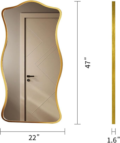 Irregular Wavy Wall Mirror,47"x22"Asymmetrical Wall Mirror,Aluminum Alloy Frame Large Abstract Modern Unique Shape Full Length Mirrors for Living Room Bathroom Bedroom Entryway Hallway