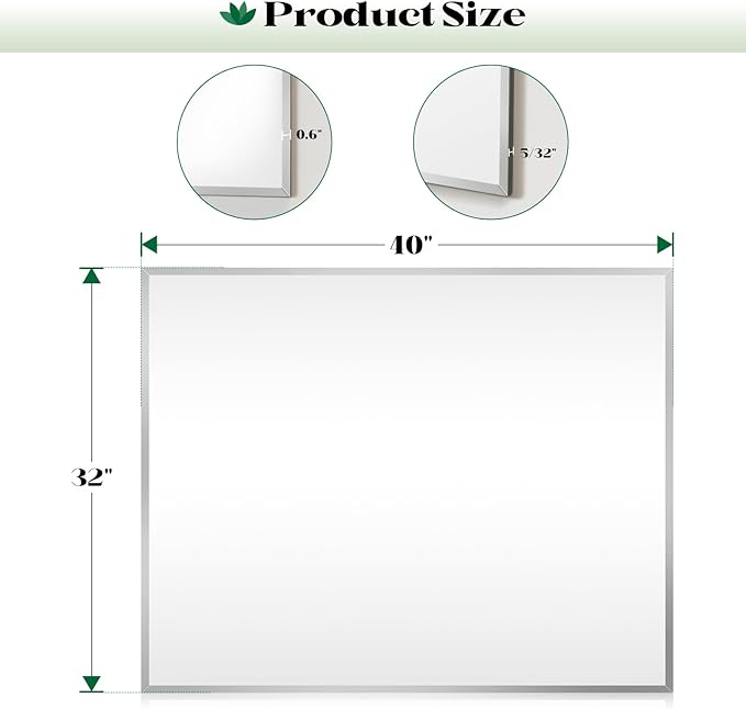 Rectangle Frameless Bathroom Wall Mirror, 40"x32" Beveled Large Framless Mirror for Wall, Bathroom Vanity Mirrors for Over Sink, Bedroom, Living Room Hangs Horizontally or Vertically