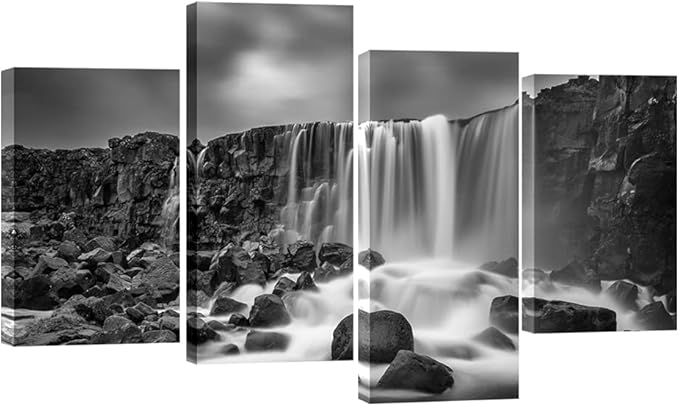 Pyradecor 4 panels Black and White Rocky Waterfall Pictures Paintings on Canvas Wall Art Prints for Wall Decor Living Room Modern Grace Landscape Sea Beach Giclee Canvas Print Artwork Home Decorations