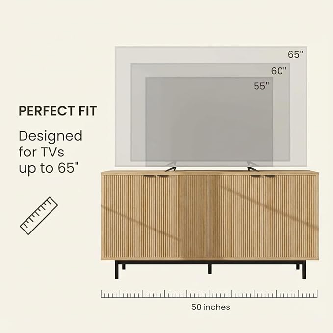 Vipbear 58 Inch TV Stand for 65 Inch TV, Modern Fluted Sideboard Buffet Cabinet with Storage, Natural Wood Media Console Table with 4 Doors and Adjustable Shelves for Living Room and Bedroom Decor