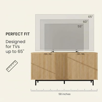 Vipbear 58 Inch TV Stand for 65 Inch TV, Modern Fluted Sideboard Buffet Cabinet with Storage, Natural Wood Media Console Table with 4 Doors and Adjustable Shelves for Living Room and Bedroom Decor