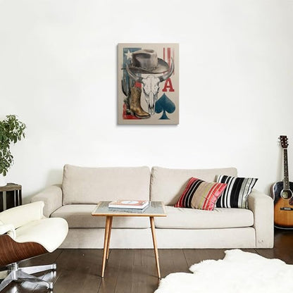 Vintage Western Canvas Wall Art Framed Rustic Cowboy Artwork Print Poster with Texas Flag Steer Skull Cowboy Hat Boots Desert Cactus Wall Decor for Farmhouse Home Office 16x24 Inches