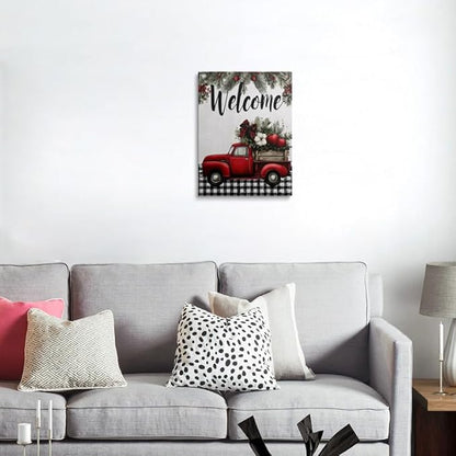 Farmhouse Christmas Welcome Canvas Wall Art Framed Rustic Red Truck Wall Decor with Holly Pine Branches Vintage Holiday Artwork Print Poster for Living Room Front Door 16x24 Inches