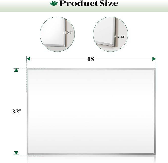 48"x32" Frameless Beveled Bathroom Wall Mirror, Frameless Bathroom Wall Mirror Over Sink, Large Vanity Mirrors for Entryway, Bedroom, Living Room, Hangs Horizontally or Vertically