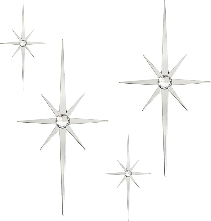 sxnzequnze 4 Pcs. Star Wall Art for Home Decor Living Room Bedroom Office Metal 3D,Bling,with Hanging Hook Starburst Midcentury Sculpture Retro Gallery Accent Celestial -Gold 16.5In/9.4In