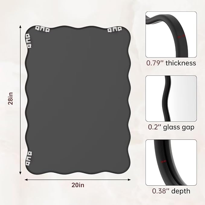 PROHOMEWARE 20 * 28" Black Wavy Rectangular Vanity Bathroom Mirror for Wall Mounted Bedroom Entryway Living Room Farmhouse (Black)
