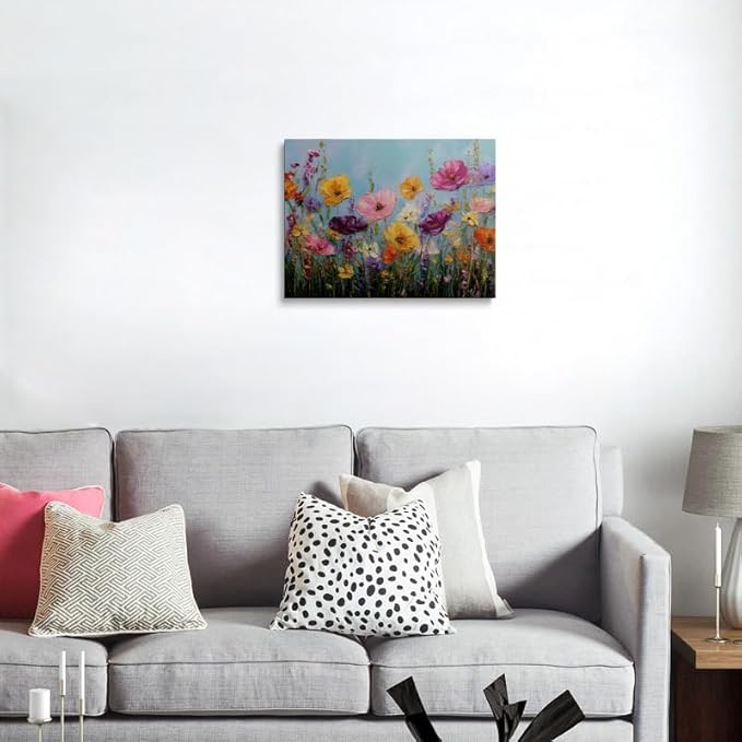 Vibrant Wildflower Poppy Canvas Wall Art Framed Painting Bold Impasto Style Bright Yellow Pink Orange Blooms Textured 3D Effect Cheerful Wall Decor Artwork for Bedroom Office 16x24 Inches