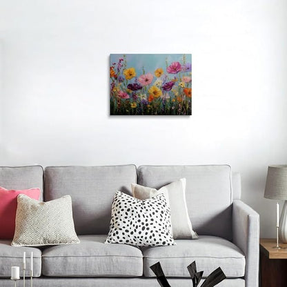 Vibrant Wildflower Poppy Canvas Wall Art Framed Painting Bold Impasto Style Bright Yellow Pink Orange Blooms Textured 3D Effect Cheerful Wall Decor Artwork for Bedroom Office 16x24 Inches