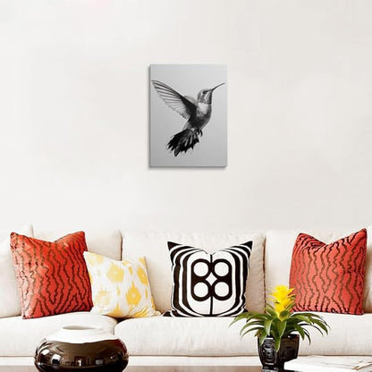 Minimalist Hummingbird Pencil Drawing Canvas Wall Art Framed Black and White Detailed Print High Contrast Bird Wall Decor Artwork Poster for Modern Living Room Office 16x24 Inches