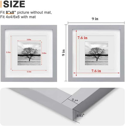Egofine 8x8 Picture Frames 4 Pack, for Picture 4x4 with Mat or 8x8 whitout Mat Made of Solid Wood Covered by Plexiglass for Table Top Display and Wall Mounting Photo Frame, Light Gray