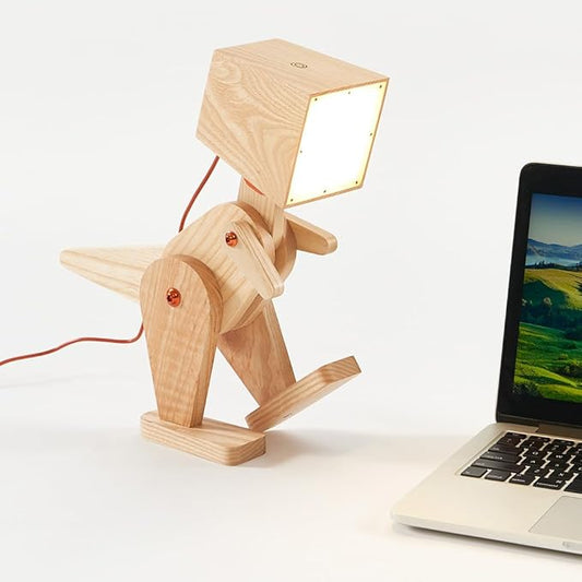 Novelty Cute Wood Dinosaur Table Lamp for Bedroom, Room, Bedside - 3 Levels Dimmable Touch Adjustable Swing Arm Robot Design Natural Finish Nightstand Light for Living Office Dorm (Yellow)