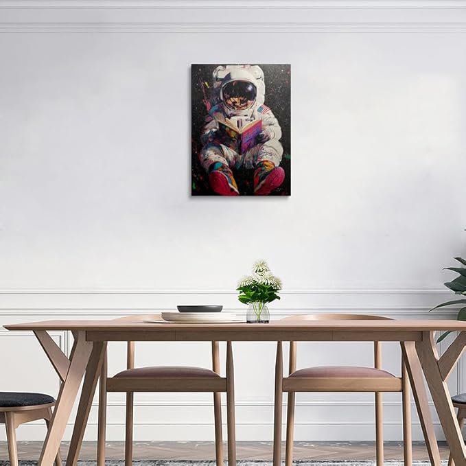 Colorful Pop Astronaut Outer Space Theme Classroom Decor Framed Graffiti Spaceman Contemporary Wall Art Canvas Cool Kids' Gifts Galaxy Prints Banksy Poster Universe Trippy Painting (16"x24")