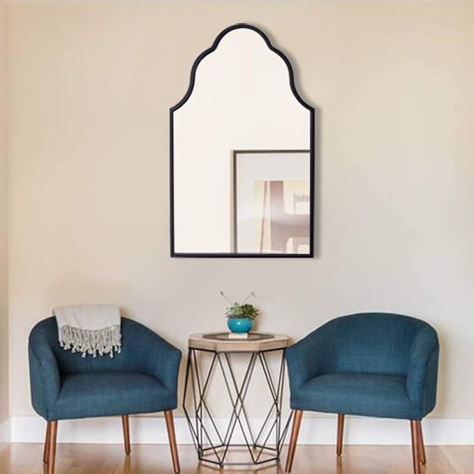 Chende Black Bathroom Mirror for Over Sink, 32"X20" Arched Mirrors with Scalloped Wooden Frame, Elegant Decorative Mirror for Living Room, Dining Room, Entryway
