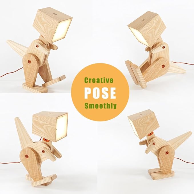 Novelty Cute Wood Dinosaur Table Lamp for Bedroom, Room, Bedside - 3 Levels Dimmable Touch Adjustable Swing Arm Robot Design Natural Finish Nightstand Light for Living Office Dorm (Yellow)