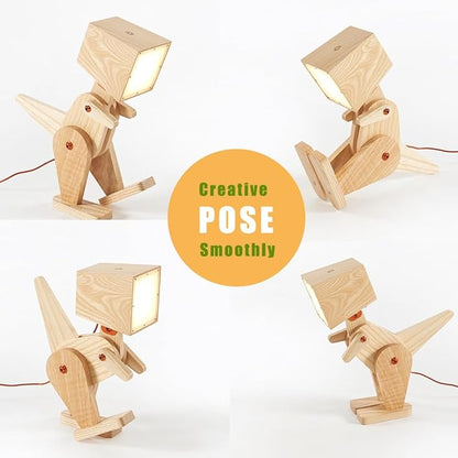 Novelty Cute Wood Dinosaur Table Lamp for Bedroom, Room, Bedside - 3 Levels Dimmable Touch Adjustable Swing Arm Robot Design Natural Finish Nightstand Light for Living Office Dorm (Yellow)