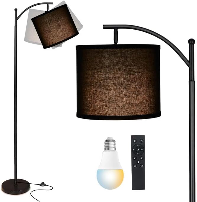 mukuxin LED Floor Lamps for Living Room, 12W 1200LM Modern Arc Floor Lamp with Remote & Adjustable Linen Lampshade, 12 Color Temperature Stepless Dimmable Tall Standing Lamp (Black)