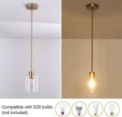Brass Pendant Light for Kitchen Island 1 Pack, Modern Gold Hanging Light with Adjustable Rod, Farmhouse Brass Pendant Lighting for Dining Room Sink, Brass Rod Ceiling Hanging Light Fixture