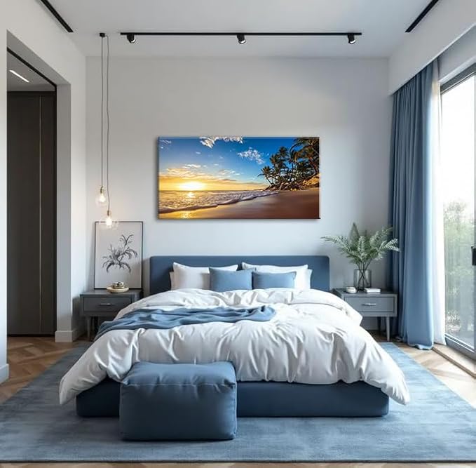 Beach Sunset Large Wall Art Tropical Palm Tree Canvas Paintings Coastal Landscape Pictures Wall Decor for Living Room Ocean Seascape Poster Nature Painting for Bedroom Office Home Decor 20x40 Inches