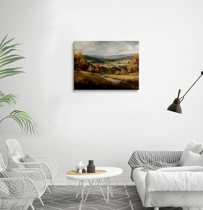 Autumn Mountain Landscape Canvas Wall Art Framed Oil Painting Moody Forest Stream Rolling Hills Calming Nature Scene Wall Decor Artwork Print Poster for Living Room Office 12x16 Inches
