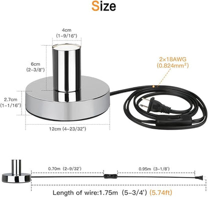 Helunsi Industrial Table Lamp Base, Silver E26 E27 Lamp Base Without Shade, Mini Short Desk Lamp Exposed Bulb Base, Simple Metal Edison Light Bulb Stand, with 5.8ft Cord Switch Plug Bulb Base Holder