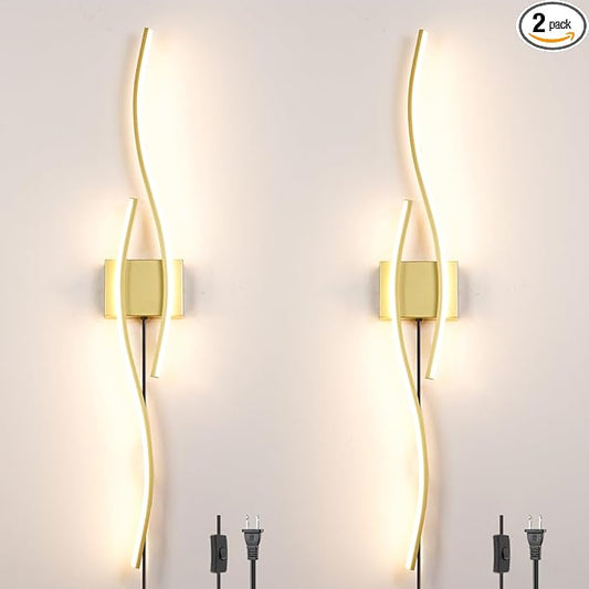 Daunton Modern Gold Plug in Wall Sconces Set of Two, RC Dimmable LED Plug in Wall Light, Wall Lamps with Plug in Cord for TV Wall Sconces, Gold Sconce Wall Lighting for Living Room, Hallway, Bedroom