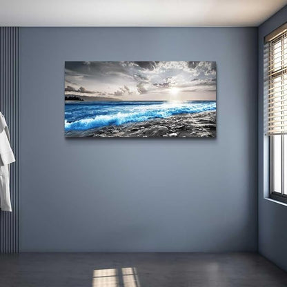 hyidecorart Large Wall Decor For Living Room Canvas Wall Art For Office Bedroom Decorations Blue Ocean Wave Wall Painting Black and White Beach Pictures Artwork Modern Mural Home Decor