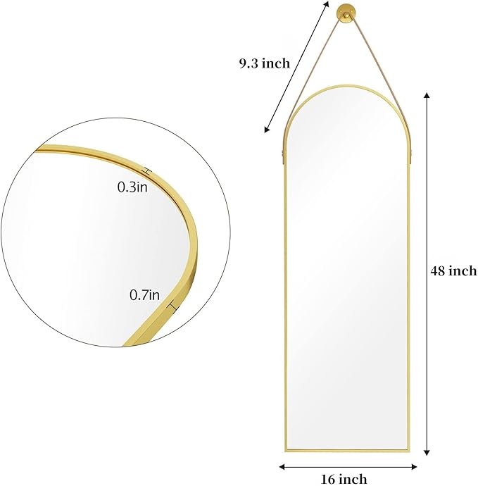 Dewfig 16"x48" Hanging Mirror with Leather Strap,Arched Full Length Mirror with Aluminum Frame Wall-Mounted Hanging Mirrors for Bathroom Vanity Living Room Bedroom Entryway Décor, Gold