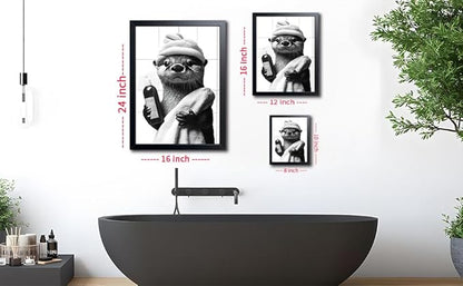 ARKZSHO Black and White Bathroom Wall Art, Funny Otter Is Getting Ready Bath Canvas Print Picture, Modern Farmhouse Wall Decor Painting, Cute Animal Bathroom Restroom Home Decoration 12x16 Inch Wood Framed