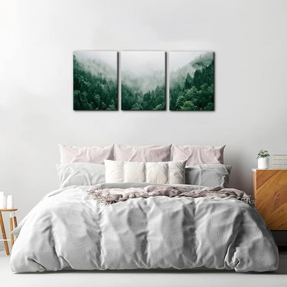 Pacimo Canvas Print Wall Art Set Talking with the Fog Aerial View of Pine Trees in Mist Realism Pictures Print on Canvas Rustic Scenic Modern Artwork Stretch Framed Ready to Hang - 12"x16"x3 Panel