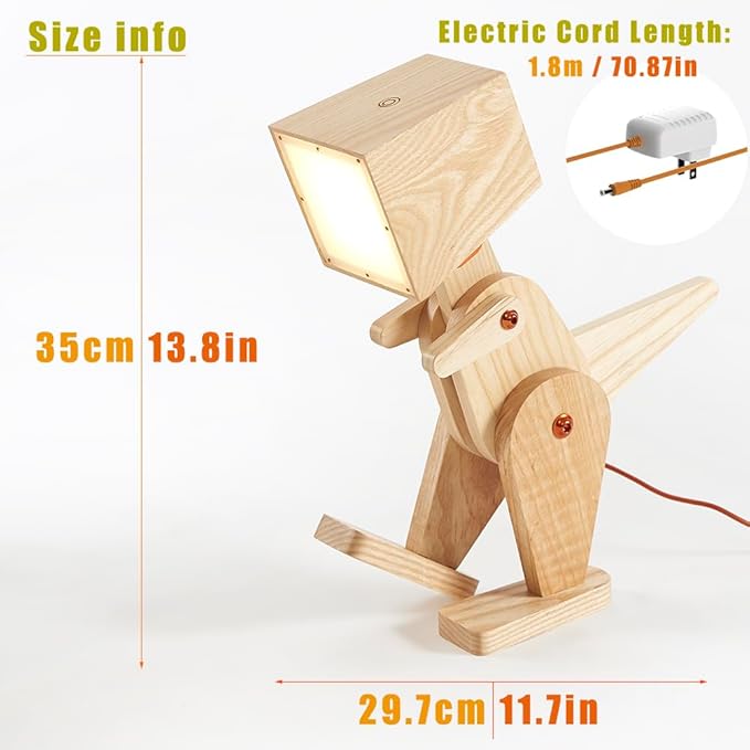 Novelty Cute Wood Dinosaur Table Lamp for Bedroom, Room, Bedside - 3 Levels Dimmable Touch Adjustable Swing Arm Robot Design Natural Finish Nightstand Light for Living Office Dorm (Yellow)